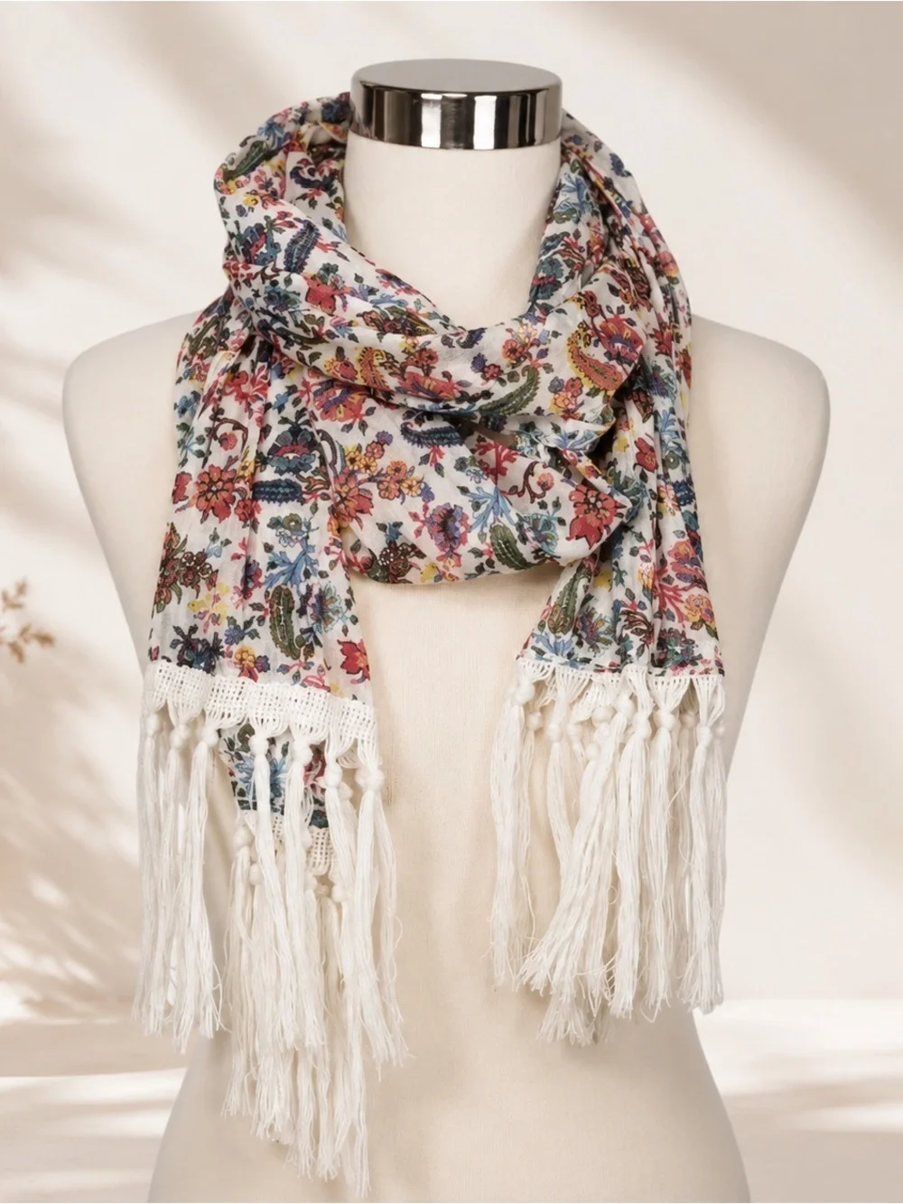 Boho Floral Scarf Womens Paisley Fringe Cottagecore Hippie Festival Gauze Wrap